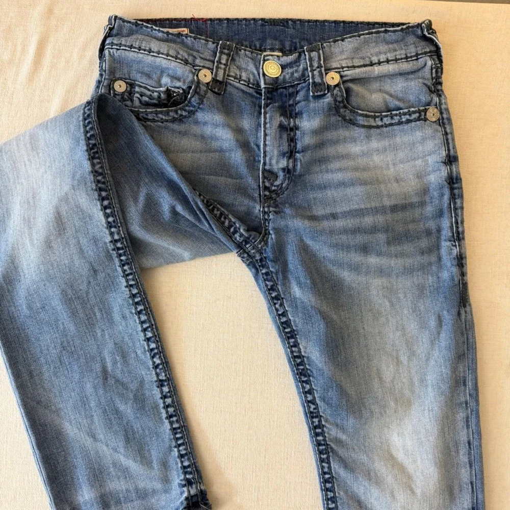 True Religion Ricky Relaxed Straight Jeans 34 Blue Contrast Stitch Y2K Denim